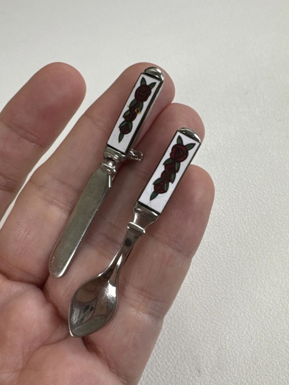 Vintage Silverware Brooches - mini knife And spoon with enamel rose handles